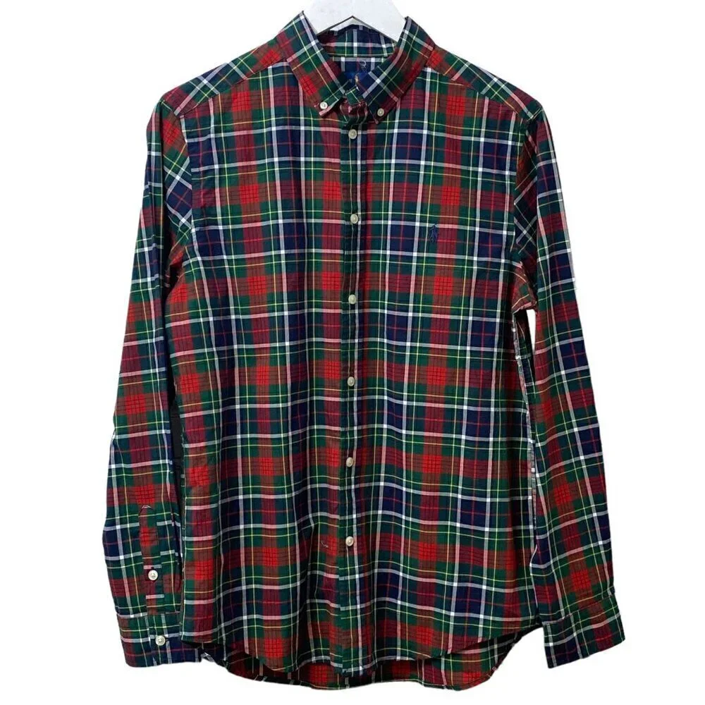 RALPH LAUREN Boys Plaid Shirt Size XL (18/20) Navy Red Preppy Cotton Button up